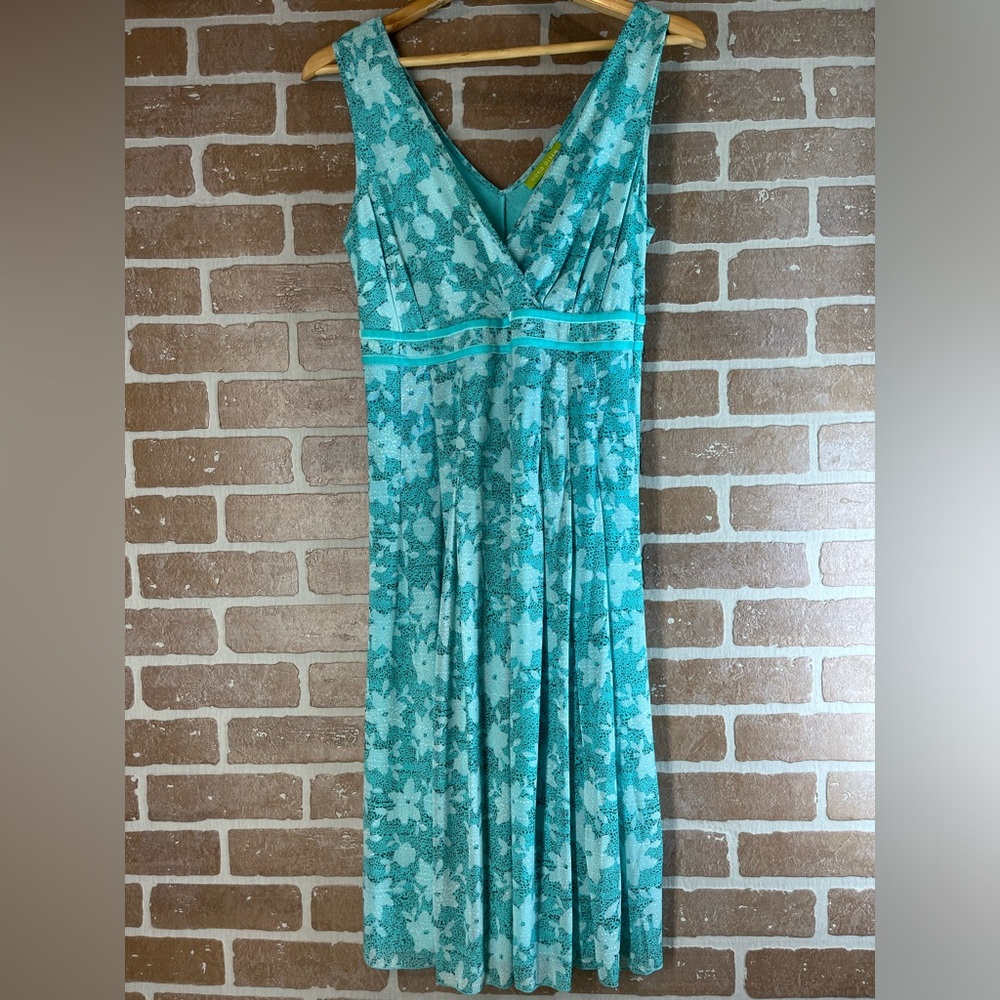 Sigrid Olsen Aqua Floral V-Neck Empire Waist Mini Dress